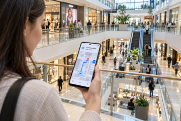 Woman using an indoor mapping app on her smartphone to navigate a modern multi-level shopping mall